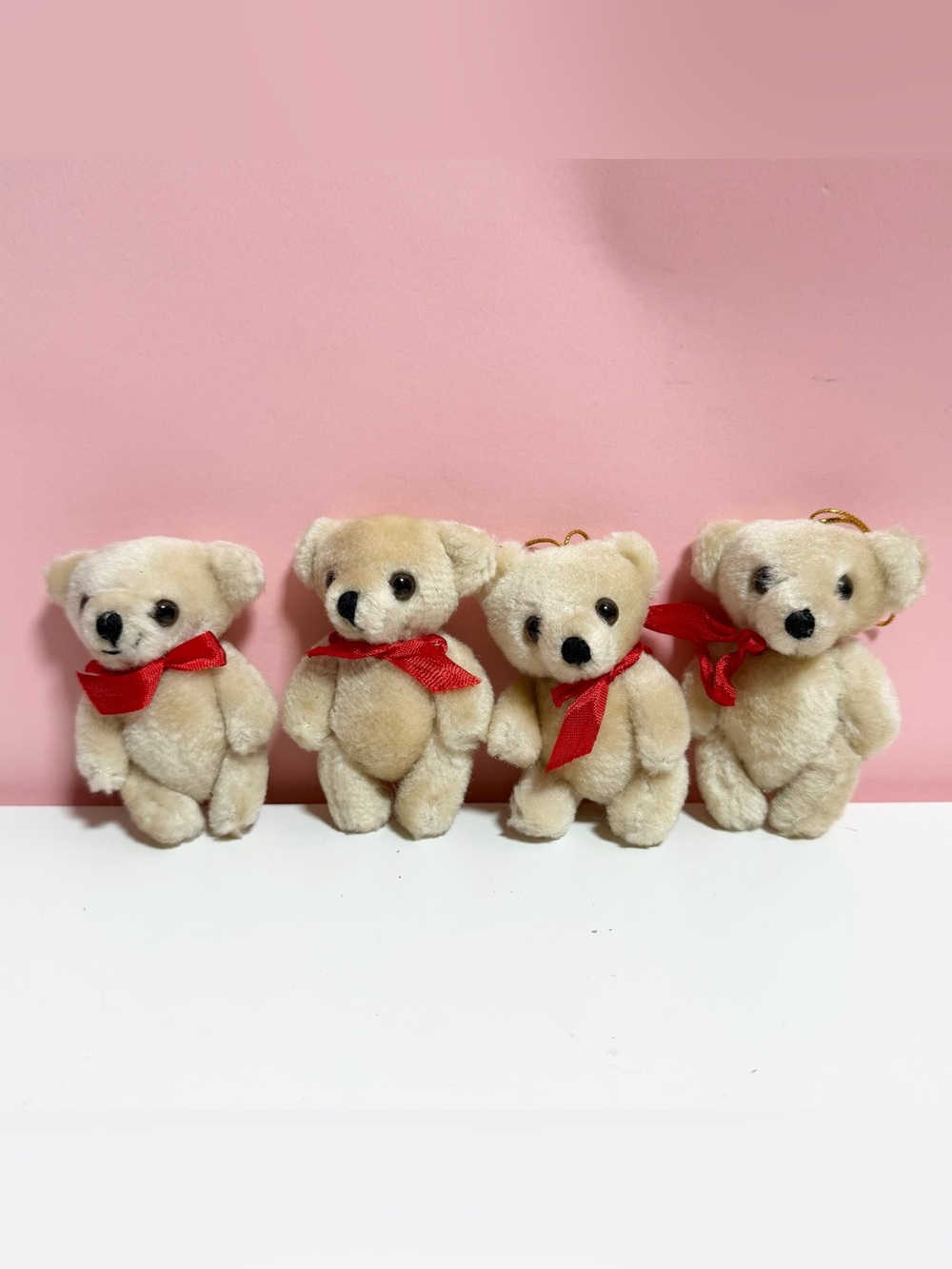 Vintage retro set of 4 plush teddy bear holiday ornaments with bows